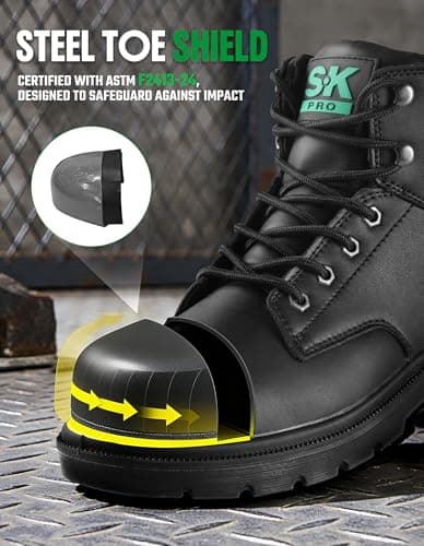 SKPRO Steel Toe Work Boots for Men, Lightweight Non Slip Boots, Safety Toe Construction Leather Water-Resistant Shoes (Black, 14) - Thumbnail 3