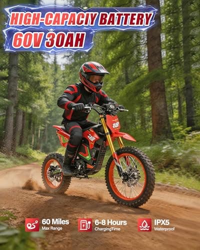 HAPPYRUN 6000W Peak Electric Dirt Bike 46 mph Max Speed Off-Road Motorcycle 60V 30AH Removable Battery 60 Miles Range 17 Inch Tires Dual Hydraulic Brakes Adult E Moto for Trail Riding - Thumbnail 3