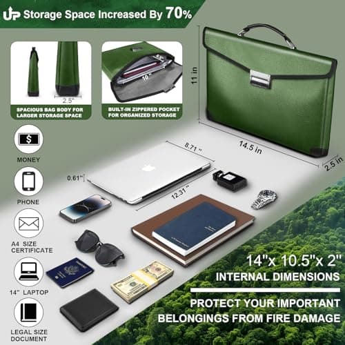 RERAMDO Fireproof Document Bag 14.5"X11"X2.5" Fireproof Money Bag for Cash With Lock and Zipper,Fire&Waterproof Storage Organizer Pouch for Valuables,Legal Document,Laptop,Passport,(Green) - Thumbnail 5