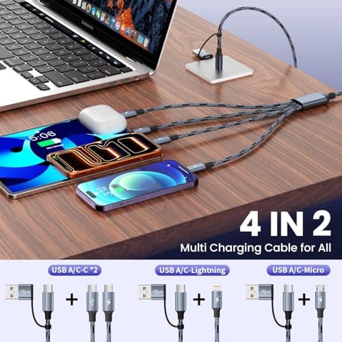 Firsting Travel Essentials 4 in 2 Multi Charging Cable, USB A/C Charging Cords with Dual Type-C/IP/Micro, Universal Phone Charger Cord Compatible with iPhone17-8/iPad/Android/Tablet/Car (2Packs 5FT) - Thumbnail 2
