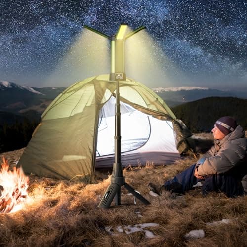 Mlogiroa Rechargeable Camping Light with Stand: Cordless Work Light Kit 3 Page Head 500/1000/2000 Lumen 3500/6500K - Dimmable 6AH Camp Lights with Detachable Tripod,Hooks and Carrying Bag(Green-S) - Thumbnail 3
