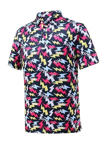 Bnosio Golf Shirts for Men Dry Fit Performance Polo Short Sleeve Collared Shirt Lighting Print Large - Image 1