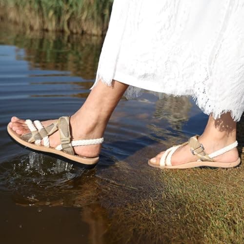 MEGNYA Soft Camping Travel Summer Waterproof Walking Shoes with Arch Support for Women, Comfortable Casual Adventure Hiking Sandals Outdoor Water Lightweight Beige Size 10 - Thumbnail 2