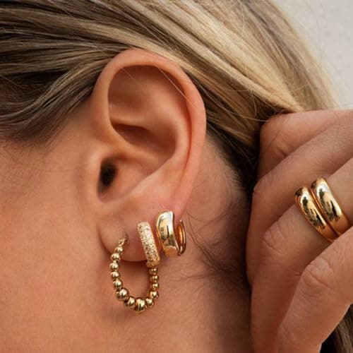 42 Pairs Gold Hoop Earrings Set for Women, Fashion Chunky Pearl Earrings Multipack Twisted Statement Earring Pack, Hypoallergenic Small Big Hoops Earrings for Birthday Party (Gold-42 pairs) - Thumbnail 3