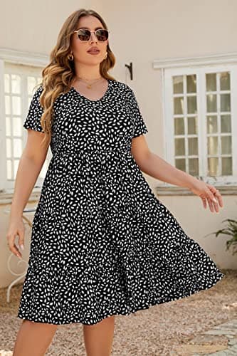 Younrui Casual Tiered Aline Plus Size Dress for Women Scoop Neck Short Sleeve Loose Fitting Flowy Midi Summer Dresses (4XL-1001-Black Floral) - Thumbnail 4