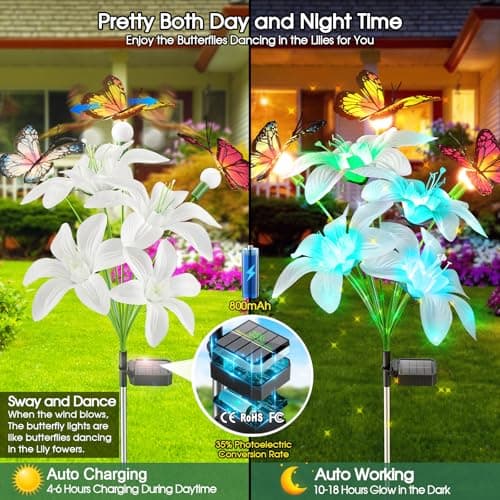 Garpar Solar Lights Outdoor Decorative, Upgraded 4 Pack Flowers with 16 Color Changing Lilies and 12 Butterflies, Brighter Waterproof Garden Decor for Yard Lawn Pathway, Mom Women Grandma Gift - Thumbnail 5