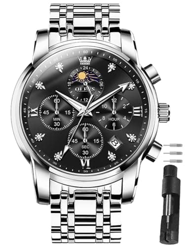 OLEVS Watch Men,Black and Silver Watches for Men,Men's Silver Watch Black Face,Chronograph Moon Phase Mens Wristwatch with Date Luxury,Dress Man Wristwatch,Relojes De Hombre