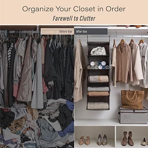 StorageWorks 5-Shelf Hanging Shelves for Closet, Foldable Hanging Closet Organizers with 2 Side Pockets, Portable Clothes Organizers for Bedroom, Wardrobe, 12 1⁄2" D x 15" W x 48" H, Gray - Thumbnail 5