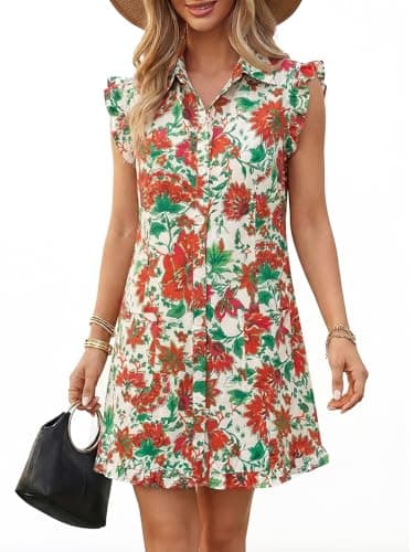 Wenrine Womens Summer Floral Mini Dress Casual Button Down Collared Ruffle Loose Boho Beach Shirt Dresses with Pockets