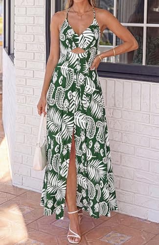 BTFBM Summer Dresses for Women 2026 Spring Floral Spaghetti Strap Smocked Cutout Maxi Dress Resort Beach Vacation Outfit(Leaves Green, Medium) - Thumbnail 2