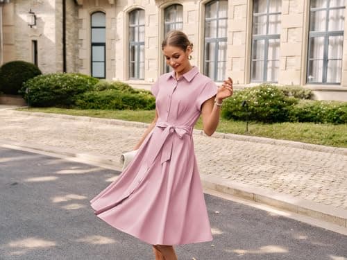 GRACE KARIN Womens Short Sleeve Shirt Dresses 2026 Summer Midi Button Down Dress Work Business Casual Dress with Pockets Pink 2XL - Thumbnail 5