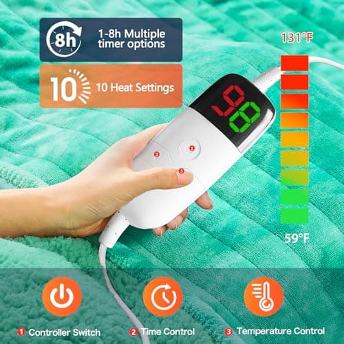 greenoak Heated Electric Blanket Throw, Faux Fur Sherpa Heating Blanket for Sofa Bed, Warm Winter Gifts for Women/Her, Heater Lap Blankets 5-Position Timer &10 Heating Levels 50''*60" Aqua - Thumbnail 4