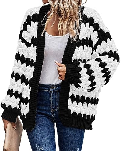 KIRUNDO Women's Cardigans 2026 Fall Trendy Open Front Chunky Color Block Lantern Sleeve Cute Striped Cable Knit Winter Sweater Coat Fashion Clothes(White, Large) - Image 1