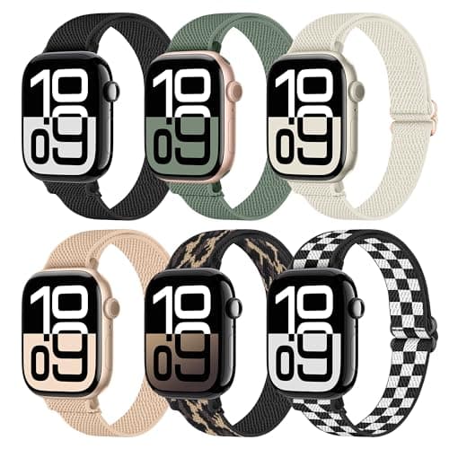 6 Pack Slim Stretchy Bands Compatible with Apple Watch Band 40mm 41mm 42mm 38mm 44mm 45mm 46mm 49mm Women Men, Soft Fashion Nylon Braided Elastic Strap for iWatch Series 11 10 SE 9 8 7 6 5 4 3 2 1 Ultra 2 (6p01, 42MM(Series 3)/44MM/45MM/46MM/49MM) - Image 1