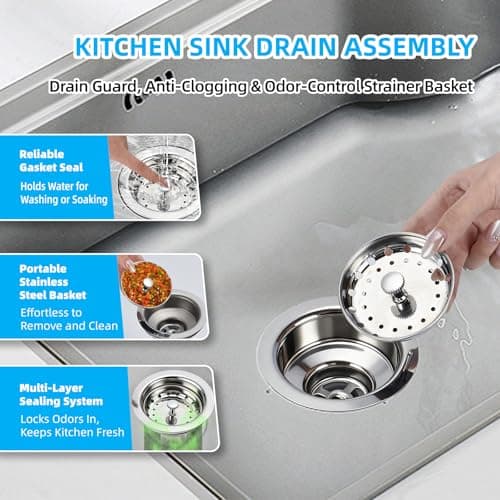 Kitchen Sink Drain Assembly, Stainless Steel Basket Strainer with Knob, 3-1/2 Inch Sink Drain Stopper Plug, Threaded Plastic Sink Strainer Tailpiece 1-1/2 in - Thumbnail 3