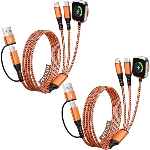 [2Pack-5FT] Travel Charger for iWatch, 3 in 2 Multi Charging Cable/Cord with IP/USB C/iWatch Charger, Travel Chargers for Multiple Devices, Compatible for iWatch Series/iPhone 17-8/iPad/AirPods - Image 1