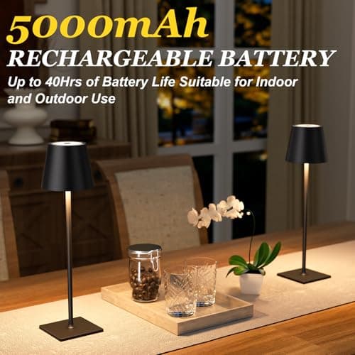 Kakanuo Cordless Rechargeable Table Lamp Black 5000mAh Battery Operated Lamps, 3 Colors Stepless Dimming Touch Lamp for Living Room, Kitchen Counter, Dining, Outdoor Patio, 2 Pack - Thumbnail 3