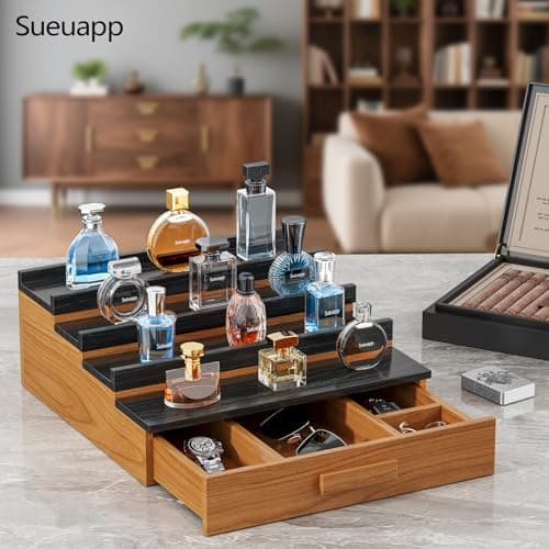 Sueuapp Solid Walnut Cologne Organizer for Men,4 Tier Cologne Stand Display Shelf with Hidden Storage and Drawer,Perfume Stand Organizer,Perfume Holder Great Gift for Men Father - Thumbnail 6