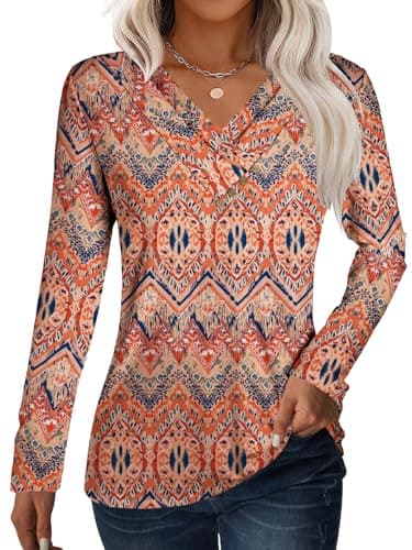 GKBK Women Long Sleeve Tunic Tops for Leggings V Neck Button Loose T Shirts 2026 Winter Dressy Business Casual Blouse Pullover Sweatshirt Work Trendy Sweater Outfit Clothes Boho Orange M - Image 1