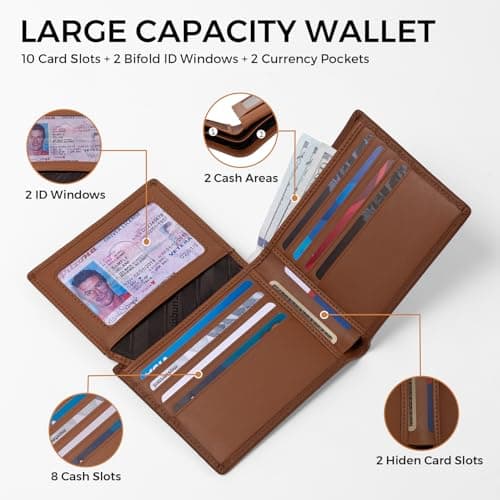 Genuine Leather Wallet for Men 12 Cards Mens Wallet Bifold Rfid Blocking with 2 ID Windows Card Holder Wallet with Gift Box - Thumbnail 3