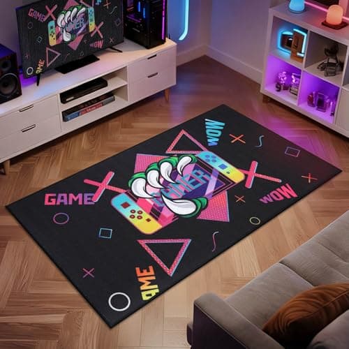 JSEI Gaming Rug for Kids Teens 32"x60" Machine Washable, Video Game Kids Rug with Paw and Controller Pattern, Non-Slip Gaming Floor Carpet Mat for Playroom, Living Room&Bedroom, Black - Thumbnail 3