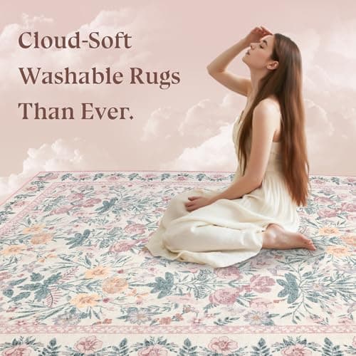 Pink Rugs for Bedroom Girls: Floral 6x9 Washable Area Rug for Nursery Kids Room Living Room Boho Decor - Soft Non-Slip Non-Shedding Carpet - Thumbnail 5
