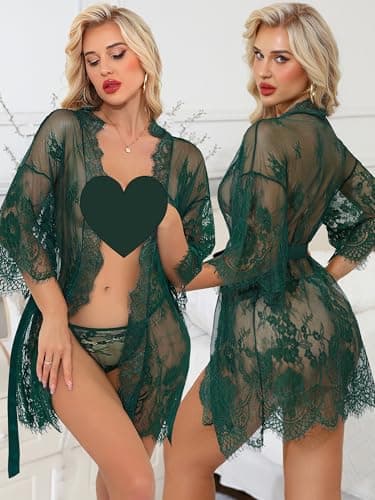 Rigeri Plus Size Lingerie Sheer Mesh Lace Kimono Robe Butterfly Sleeves Sexy Babydoll Lingerie Mesh Nightgown Lingerie Sets For Women Sexy Dark Green XXL - Thumbnail 4