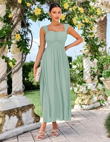 GRACE KARIN Summer Light Green Dress for Women 2026,Off The Shoulder Smocked Bridesmaid Dresses,Formal Baby Shower Maxi Dresses XL - Thumbnail 3