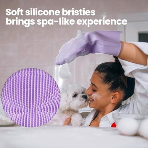 DELOMO Pet Grooming Gloves 1 Pair: Soft and Gentle Silicone Dog Washing Gloves - Bathing Scrubber Brush Mitt Grooming Shedding Fur Removal Massage for Dogs/Cats/Horse, Purple - Thumbnail 4