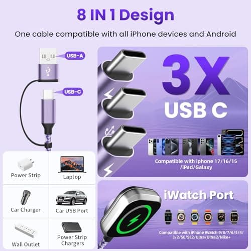 4in2 Multi Charging Cable for iWatch Charger/iPhone Charger/CarPlay Cable, Beach Travel Vacation Essentials, (2Pack 5FT) 3 X USB C/iWatch Charger Cords for iWatch 11-1/iPhone 17-15, Android Car - Thumbnail 6
