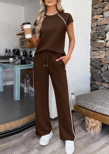 PRETTYGARDEN Women's 2 Piece Lounge Sets 2026 Summer Cap Sleeve Tops Wide Leg Pants Travel Outfits Matching Fashion Clothing (Dark Brown,Small) - Thumbnail 3