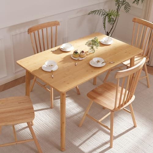 BAKEVE Bamboo Dining Table for 4-6 Person- 47.2'' Solid Wood Kitchen Table, Mid Century Modern Desk, Farmhouse Rectangular Dining Room Table for Living Room, Office, Kitchen and Study (Natural) - Image 1