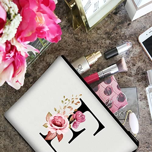 Vavabox A-Z Personalized Makeup Bag, Birthday Gifts for Women Mom, Gifts for Best Friend, Bride Bridesmaid Cosmetic bag (E, White) - Thumbnail 4