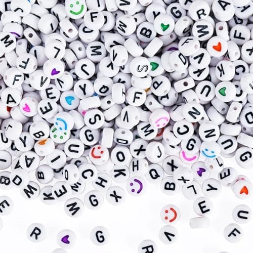 Gionlion 1200+Pcs Letter Beads for Bracelet Making, Round Alphabet Beads for Jewelry Making with Colorful Smile and Heart Beads, DIY Friendship Bracelets with 4x7mm White Beads with Black Letters - Image 1