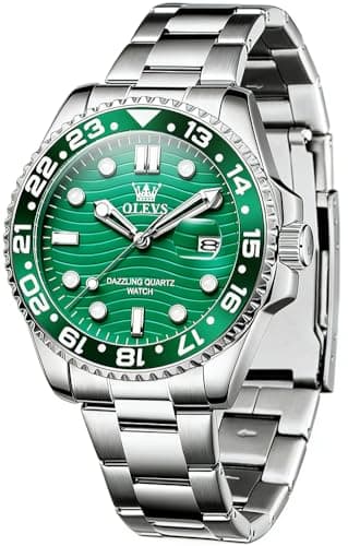 OLEVS Watches for Men Casual Green Big Face Analog Dress Watch Silver Waterproof Stainless Steel Classic Business Date Quartz Easy Reader Wrist Watch Relojes para Hombres - Image 1