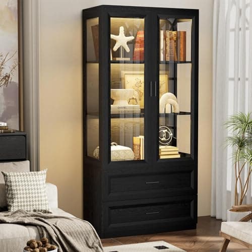 BROTTAR Display Cabinet with LED Lights, Curio Storage Cabinet with Acrylic Doors & 2 Drawers, 67" Bookcase Display Case for Collectibles, Human Body Sensor, Home Office, Living Room, Black