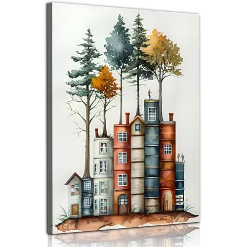 PUUZDGDZ Reading Book Lover's Canvas Wall Art Whimsical Tree House Wall decor pictures Book-shaped house Poster Painting Prints for Gallery Living Room Home Decoration (16inx24in canvas) - Image 1