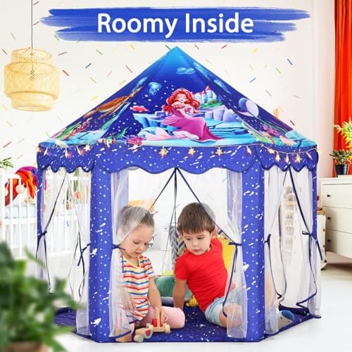Monobeach Mermaid Princess Tent Girls Blue Large Playhouse Kids Castle Play Tent with Star Lights Gift Toy for Children Indoor and Outdoor Games - Thumbnail 2