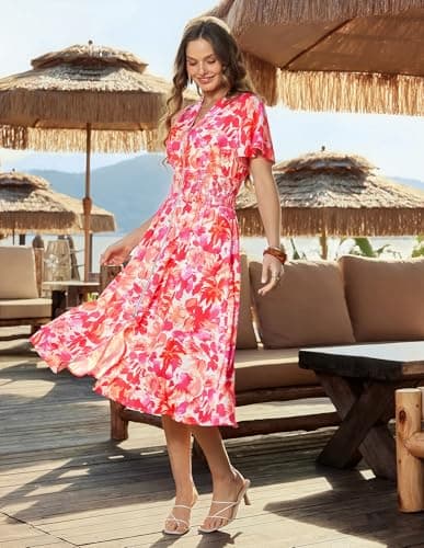GRACE KARIN Womens Summer Maxi Floral Dress Casual 2026 Long Zipper Dresses Boho Flowy Beach Vacation Sundress with Pockets Red Floral S - Thumbnail 2