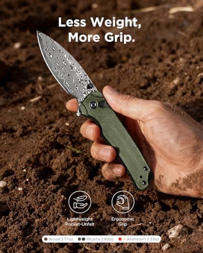 ZestMax Folding Pocket Knife, 2.99" Damascus Blade Micarta Handle Sharp Cool Small EDC Pocket Knives with Clip for Men Women Camping Hiking Survival Outdoor Mini 3080MG (Green) - Thumbnail 5