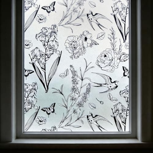 Black White Floral Bird Static Cling Privacy Window Film, Frosted Decorative Window Sticker for Bedroom Bathroom Door, Removable No Glue Window Covering with Tool Kit, 23.6“ x 78.7” - Image 1