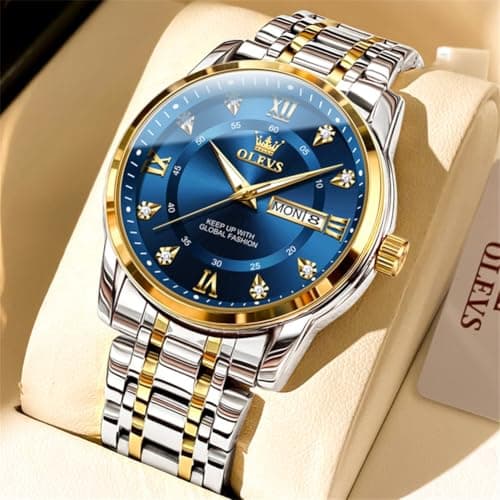 OLEVS Gold and Blue Watches for Men Big Face Dress Watch Stainless Steel Nice Fashion Blue Male Watch Diamond Waterproof Luxury Wristwatch Reloj Hombre - Thumbnail 2