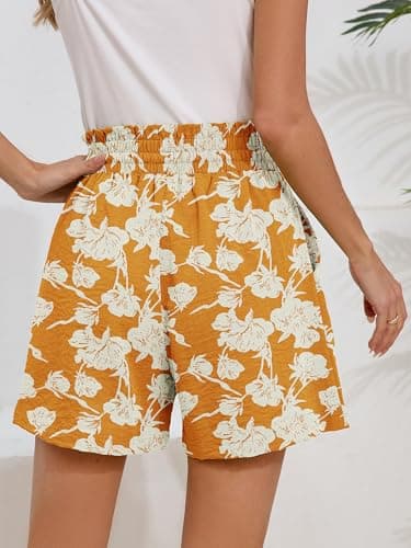 Moodclo Summer Casual Shorts with Pockets White Flower Yellow Small for Women High Waisted Wide Leg Womens Boho Shorts Drawstring Beach Vacation 2025 Clothes - Thumbnail 4