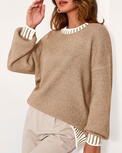 KIRUNDO Oversized Sweaters for Women 2026 Long Sleeve Crewneck Fall Tops Contrast Chunky Knit Pullover Winter Clothes(Khaki, Small) - Thumbnail 6