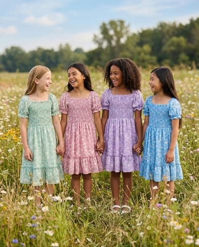 FREELYVE Girls Summer Floral Smocked Dress Square Neck Puff Sleeve Ruffle School Party Teen Sundress,Green,6-7Y - Thumbnail 4