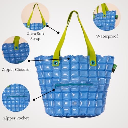 inflatDecor Neon Handbag for Women – Inflatable Puffer Tote Bag with Diamond Pattern – Lightweight Waterproof Beach Bag (Blue, X-Large) - Thumbnail 3