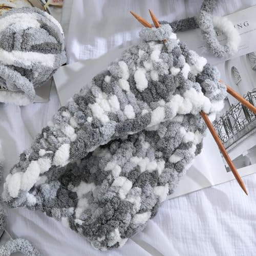 HOMBYS Chunky Tie Dye Mix Chenille Yarn for Hand Knitting, Super Bulky Jumbo Yarn for Crocheting, 3/4" Thick Soft Plush Yarn for Blankets, 8 Skein Pack (26 yds / 7.5 oz Each) Dark Grey Grey White - Thumbnail 5