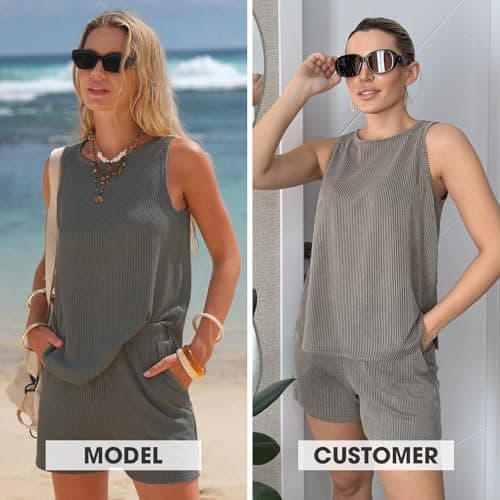 EXLURA Women's Summer 2 Piece Outfits Sleeveless Tank Top Matching Shorts Sets Lounge Sets Beach Vacation Cruise Clothes 2026 - Thumbnail 2