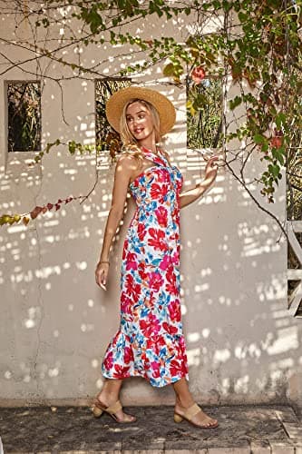 2024 Women Crossover Halterneck Sleeveless Floral Flowy Maxi Dresses Multicolor L - Thumbnail 4