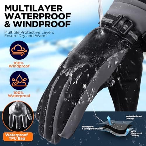 rivmount 3M Thinsulate Winter Gloves Men Women, Thermal Ski Gloves for Cold Weather with Warm, Touchscreen, Waterproof, Windproof for Outdoor, Running, Skiing, Cycling, Work, Snow, Black-Gray Size 2XL - Thumbnail 3